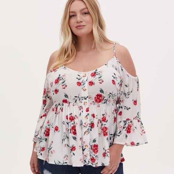 Torrid Floral Roses Crepe Bell Sleeve Cold Shoulder Blouse Top Plus Size 2X XXL - Picture 3 of 8